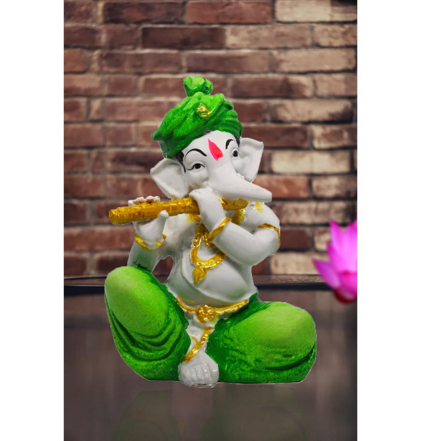 Karigaari India Handcrafted Resin Little Ganesh Playing Flute | Exquisite Showpiece for Home & Office Décor: Embrace Divine Melodies